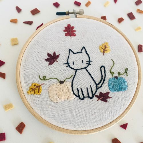 Embroidery Cat With Pumpkins